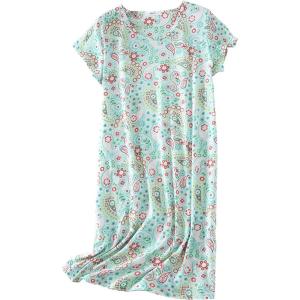 PNAEONG Women’s Cotton Nightgown Sleepwear Short Sleeves Shirt Casual Print Sleepdress XTSY108-Green Flower-L
