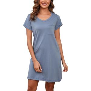 PNAEONG Womens Cotton Nightshirt Soft Nightgowns Short Sleeve Casual Pajama Dress Sleepwear with Breast Pocket S-3XL(Dark Blue)