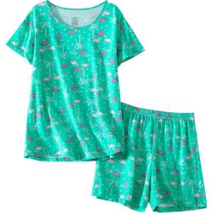 PNAEONG Women’s Pajamas Set, Cotton Short Sleeve Sleepwear Pjs Sets S-3XL(S Green Flamingo)