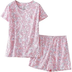 PNAEONG Women’s Pajamas Set, Cotton Short Sleeve Sleepwear Pjs Sets S-3XL(S Pink Paisley)