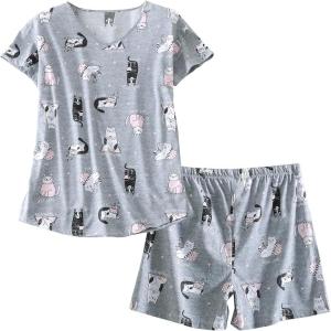 PNAEONG Women’s Pajamas Set, Cotton Short Sleeve Sleepwear Pjs Sets S-3XL(S Sleep Cats)