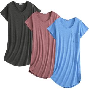 PNAEONG 3 Pack Women’s Cotton Nightgown Sleepwear, Short Sleeve Nightshirt with Breast Pocket Casual Sleepwear, S-3XL(Royal+wine+charcoal)