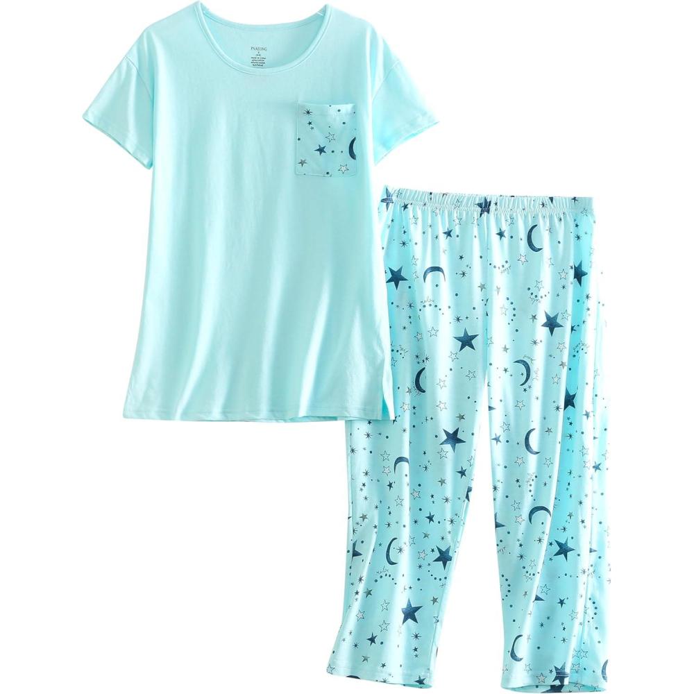imagePNAEONG Women Pajama Set Sleepwear Tops with Capri Pants Casual and Fun Prints Pajama SetsC Blue Star