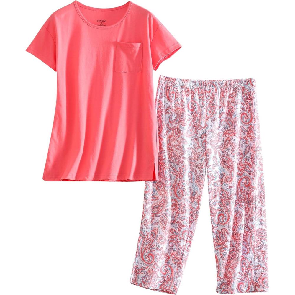 imagePNAEONG Women Pajama Set Sleepwear Tops with Capri Pants Casual and Fun Prints Pajama SetsC Pink Paisley