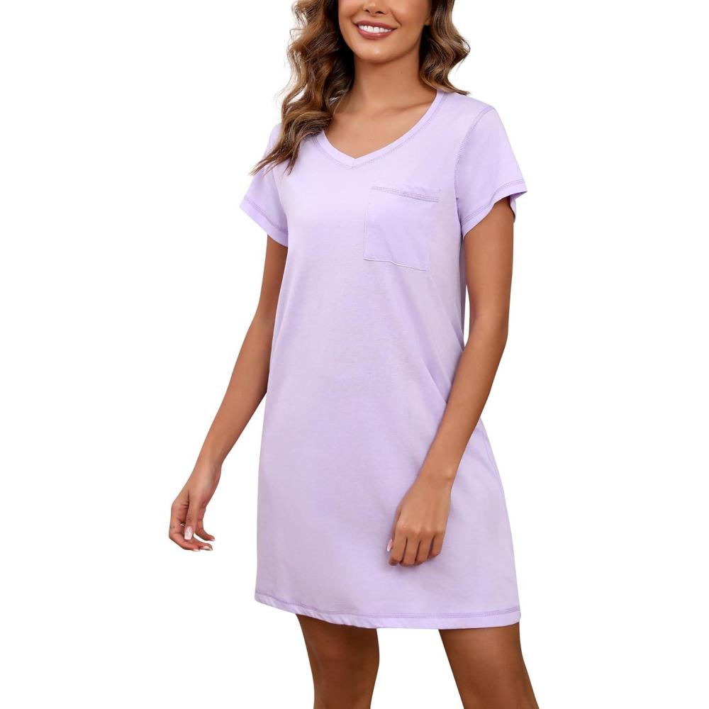 imagePNAEONG Womens Cotton Nightgown Sleepwear Short Sleeves Shirt Casual Print SleepdressStitch Purple