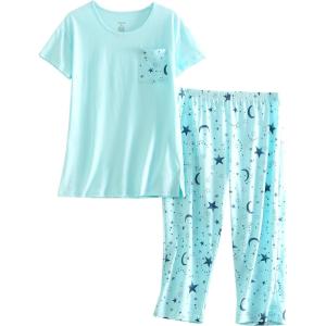 PNAEONG Women Pajama Set Sleepwear Tops with Capri Pants Casual and Fun Prints Pajama Sets(C Blue Star)