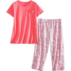 PNAEONG Women Pajama Set Sleepwear Tops with Capri Pants Casual and Fun Prints Pajama Sets(C Pink Paisley)