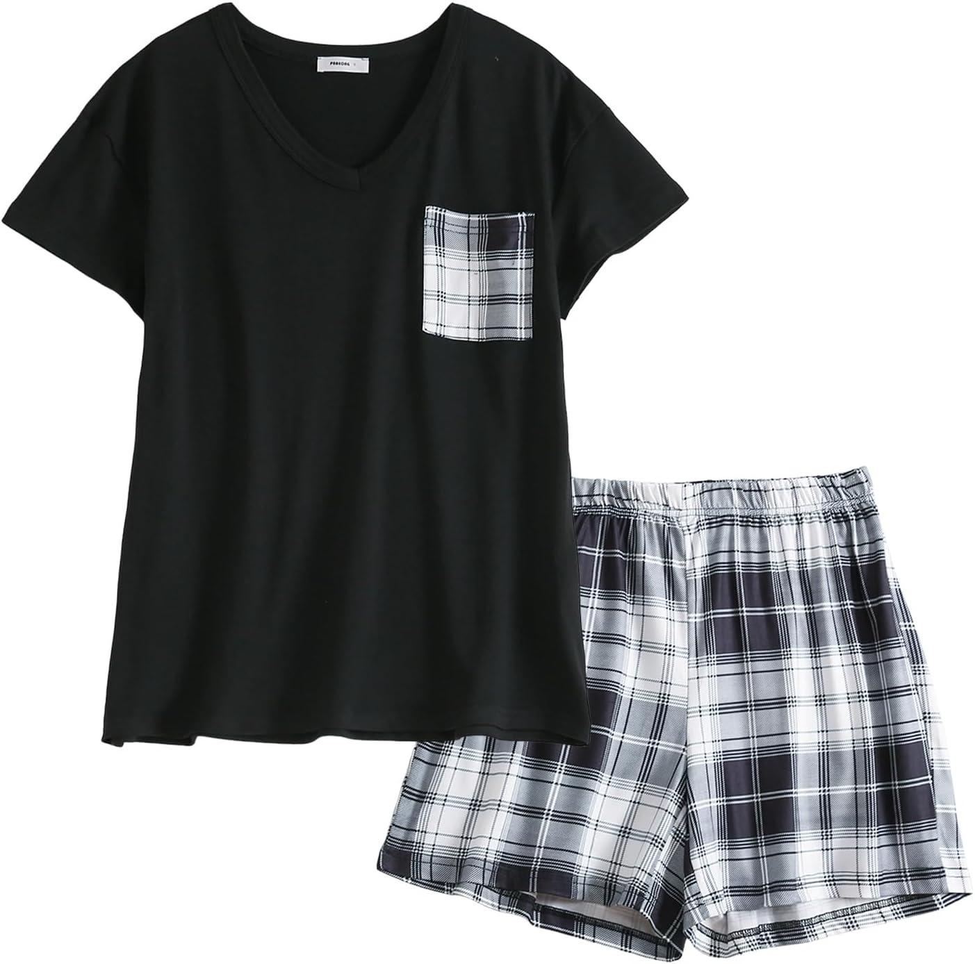 imagePNAEONG Womens Pajama Sets Short Sleeve V Neck Top and Plaid Shorts Lounge Sets Casual Pjs Soft SleepwearBlack Plaid