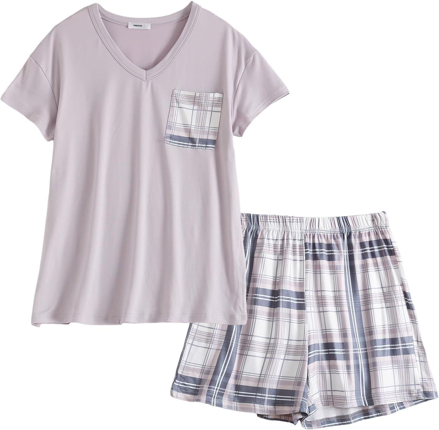 imagePNAEONG Womens Pajama Sets Short Sleeve V Neck Top and Plaid Shorts Lounge Sets Casual Pjs Soft SleepwearGray Plaid