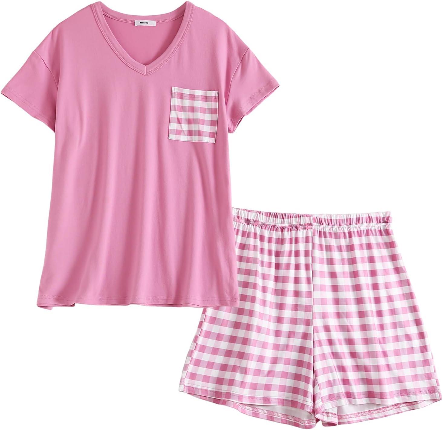 imagePNAEONG Womens Pajama Sets Short Sleeve V Neck Top and Plaid Shorts Lounge Sets Casual Pjs Soft SleepwearPink Plaid