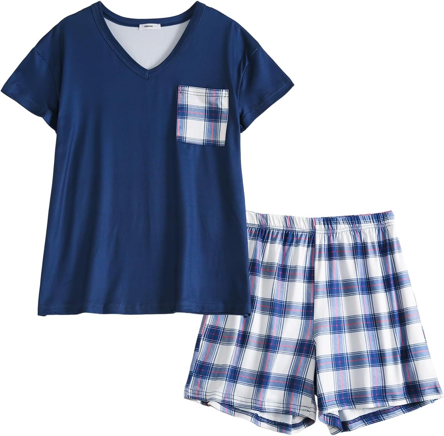 imagePNAEONG Womens Pajama Sets Short Sleeve V Neck Top and Plaid Shorts Lounge Sets Casual Pjs Soft SleepwearRoyal Blue Plaid