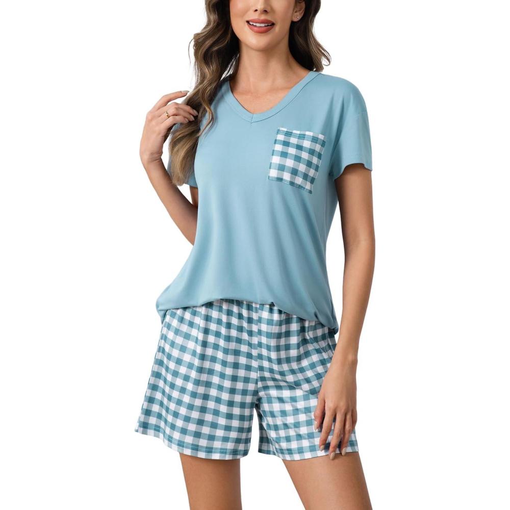imagePNAEONG Womens Pajama Sets Short Sleeve V Neck Top and Plaid Shorts Lounge Sets Casual Pjs Soft SleepwearCyan Plaid