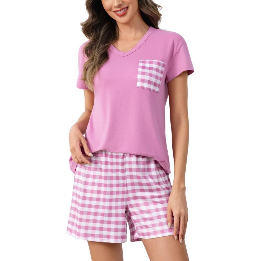imagePNAEONG Womens Pajama Sets Short Sleeve V Neck Top and Plaid Shorts Lounge Sets Casual Pjs Soft SleepwearPink Plaid