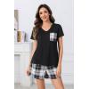 PNAEONG Womens Pajama Sets Short Sleeve V Neck Top and Plaid Shorts Lounge Sets Casual Pjs Soft Sleepwear(Black Plaid)