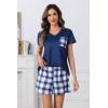 PNAEONG Womens Pajama Sets Short Sleeve V Neck Top and Plaid Shorts Lounge Sets Casual Pjs Soft Sleepwear(Royal Blue Plaid)