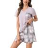 PNAEONG Womens Pajama Sets Short Sleeve V Neck Top and Plaid Shorts Lounge Sets Casual Pjs Soft Sleepwear(Gray Plaid)
