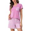 PNAEONG Womens Pajama Sets Short Sleeve V Neck Top and Plaid Shorts Lounge Sets Casual Pjs Soft Sleepwear(Pink Plaid)