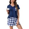 PNAEONG Womens Pajama Sets Short Sleeve V Neck Top and Plaid Shorts Lounge Sets Casual Pjs Soft Sleepwear(Royal Blue Plaid)