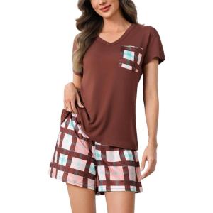 PNAEONG Womens Pajama Sets Short Sleeve V Neck Top and Plaid Shorts Lounge Sets Casual Pjs Soft Sleepwear(Rusty Red Plaid)