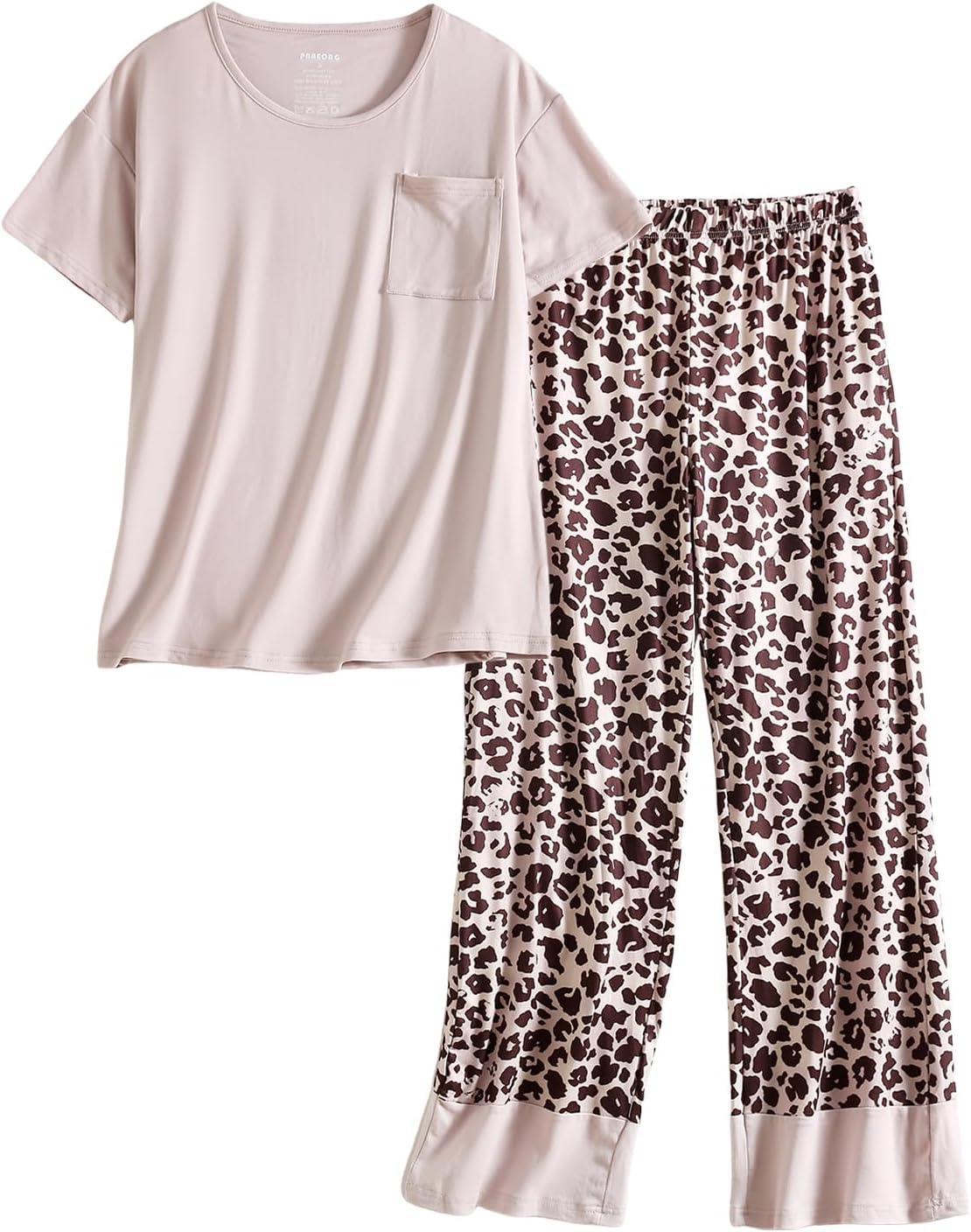 imagePNAEONG Womens Pajama Set Soft Comfy Short Sleeve Top and Printed Long Pants Lounge Sleepwear Pajamas with PocketsBeige Leopard