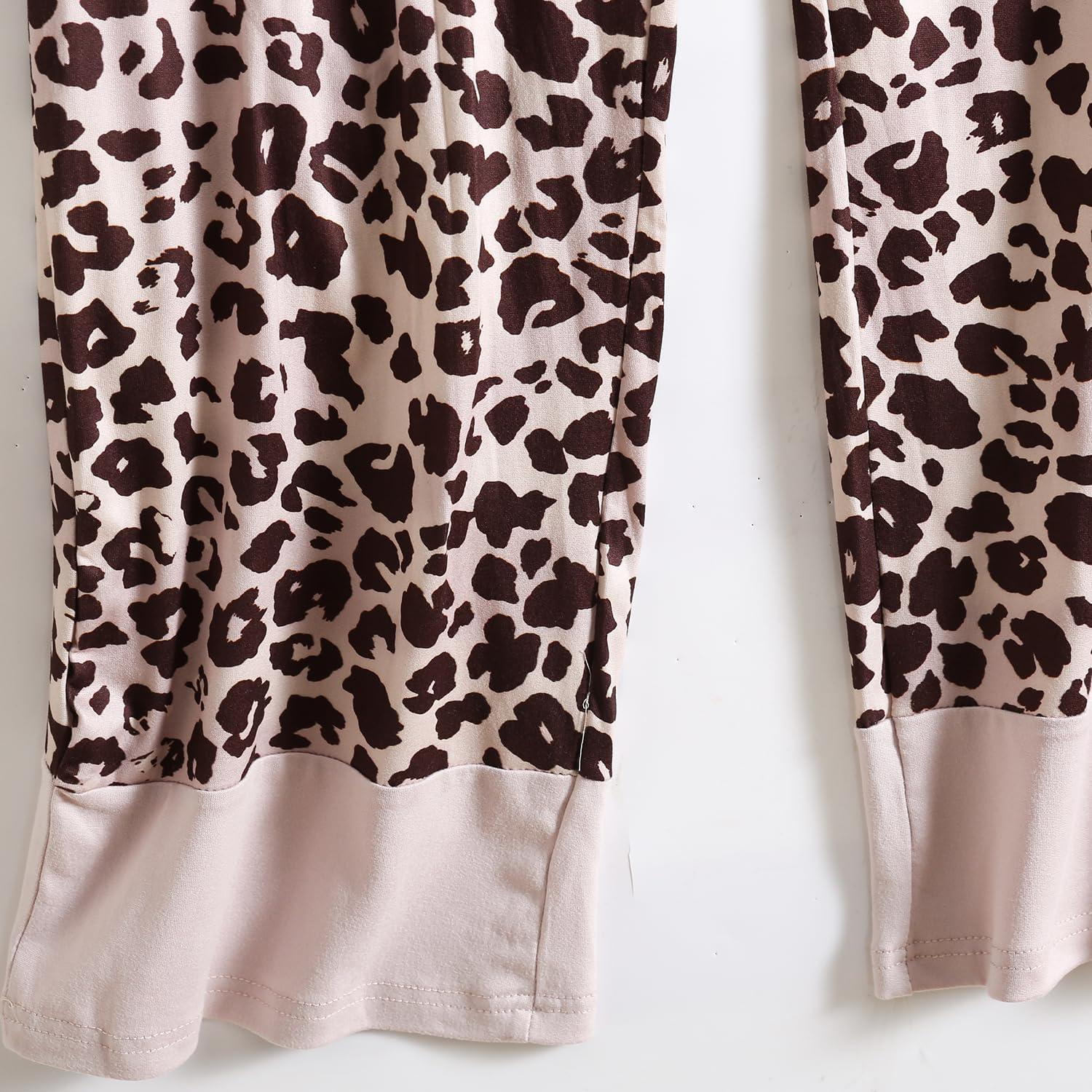 imagePNAEONG Womens Pajama Set Soft Comfy Short Sleeve Top and Printed Long Pants Lounge Sleepwear Pajamas with PocketsBeige Leopard