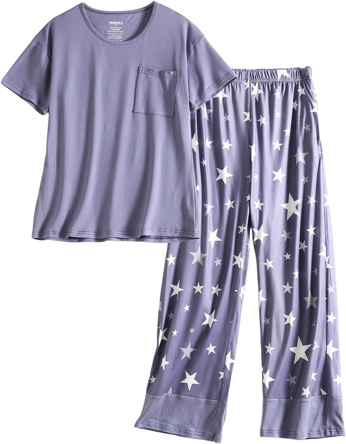 imagePNAEONG Womens Pajama Set Soft Comfy Short Sleeve Top and Printed Long Pants Lounge Sleepwear Pajamas with PocketsBluegray Star