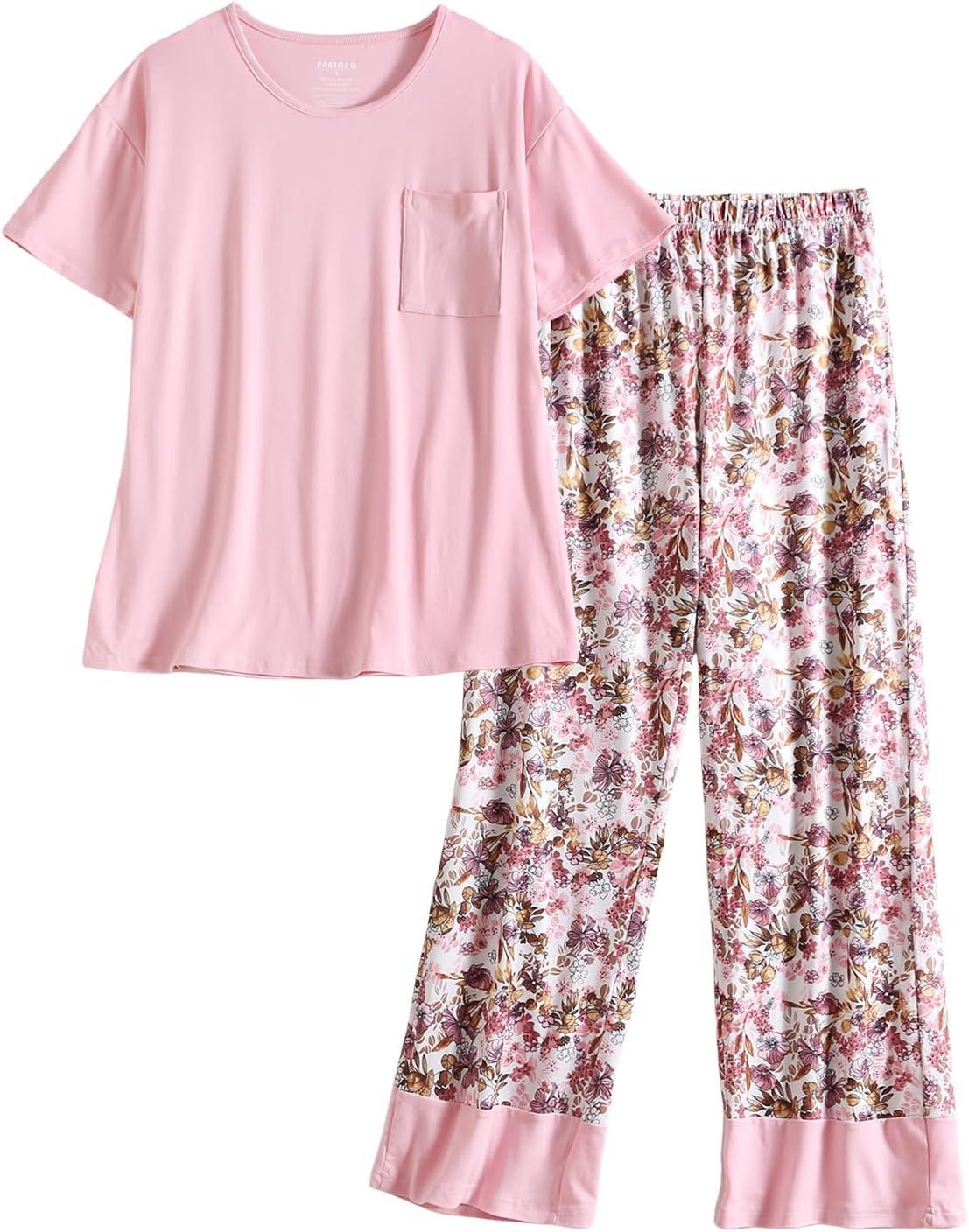 imagePNAEONG Womens Pajama Set Soft Comfy Short Sleeve Top and Printed Long Pants Lounge Sleepwear Pajamas with PocketsPink Poppy