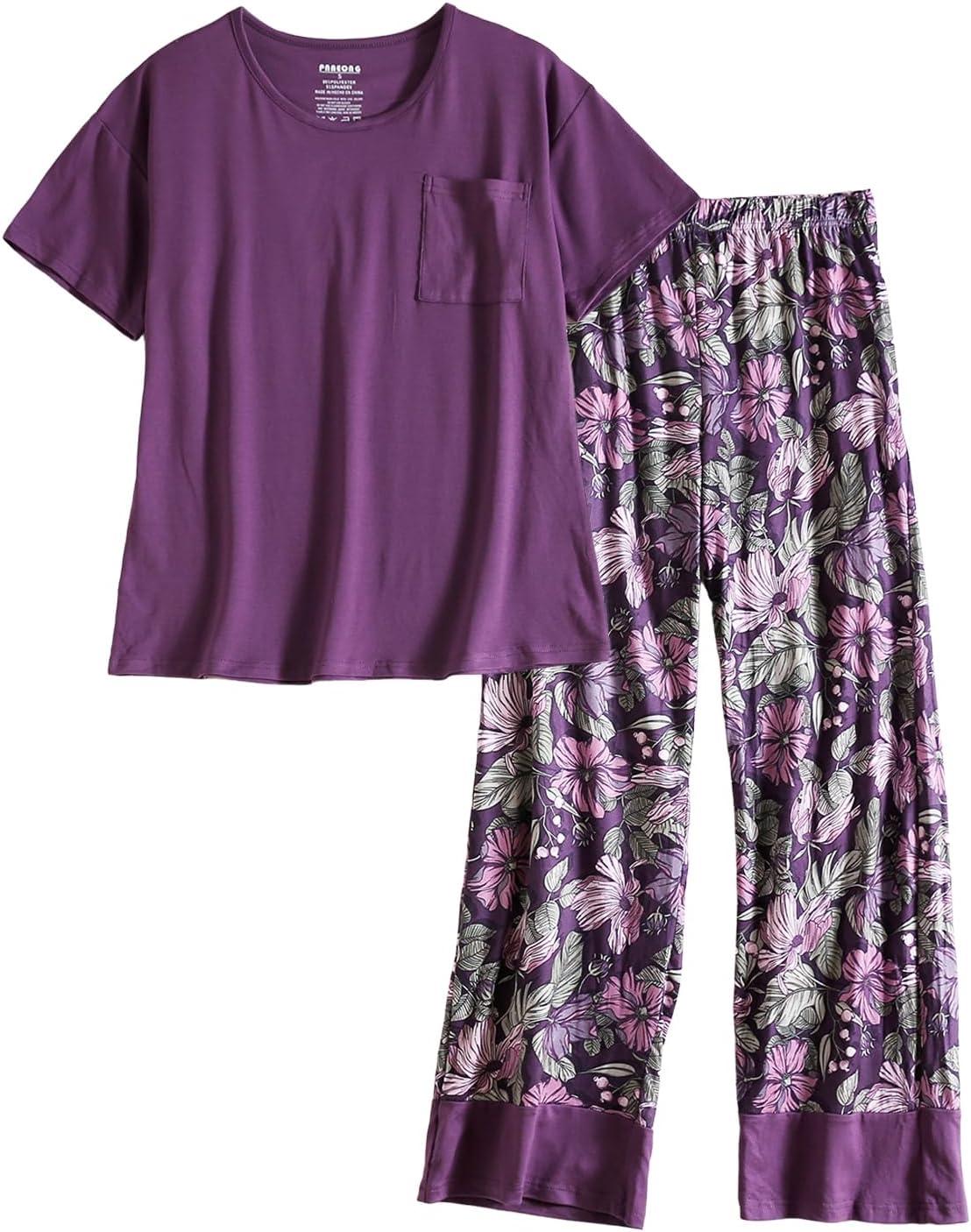 imagePNAEONG Womens Pajama Set Soft Comfy Short Sleeve Top and Printed Long Pants Lounge Sleepwear Pajamas with PocketsPurple Galsang