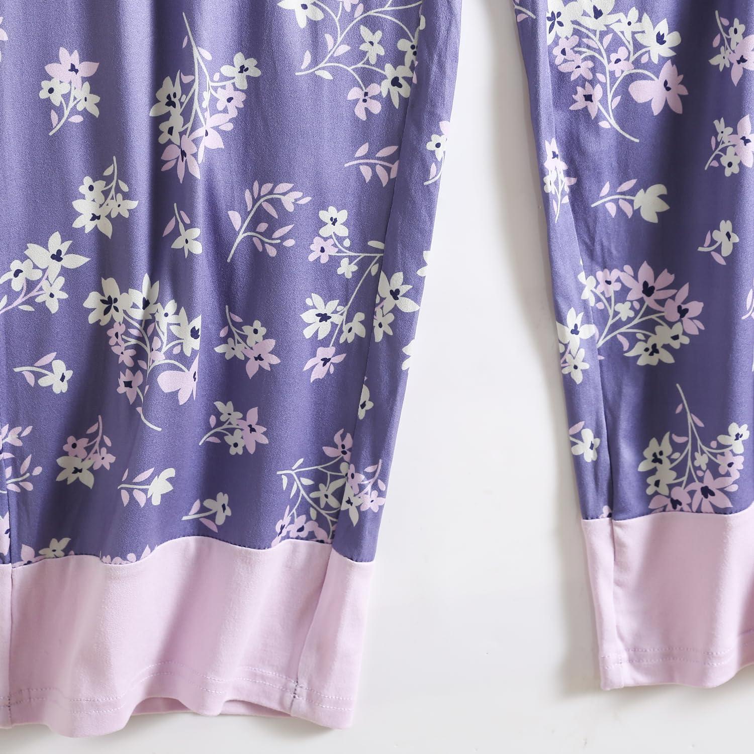 imagePNAEONG Womens Pajama Set Soft Comfy Short Sleeve Top and Printed Long Pants Lounge Sleepwear Pajamas with PocketsPurple Lilac