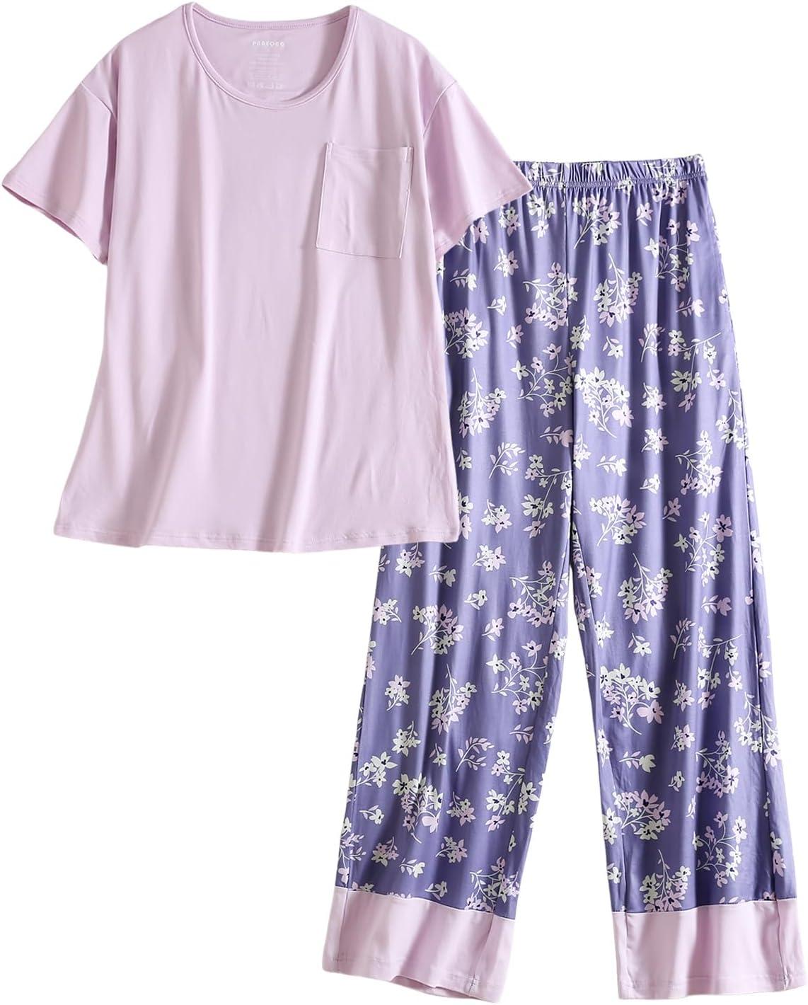 imagePNAEONG Womens Pajama Set Soft Comfy Short Sleeve Top and Printed Long Pants Lounge Sleepwear Pajamas with PocketsPurple Lilac