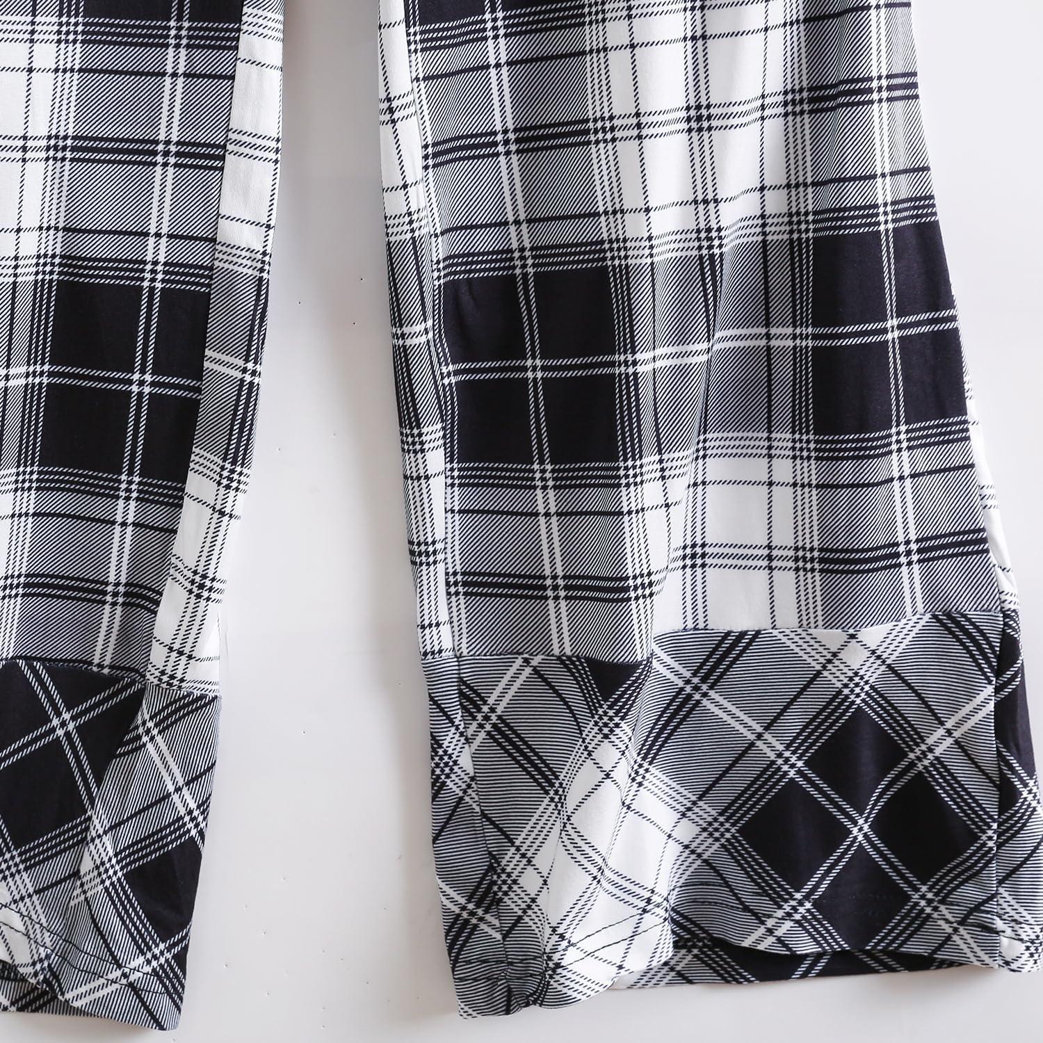 imagePNAEONG Womens Pajama Sets Comfy Pj Sets Short Sleeve Crew Neck Top and Plaid Long Pants Loungewear SleepwearBlack Plaid