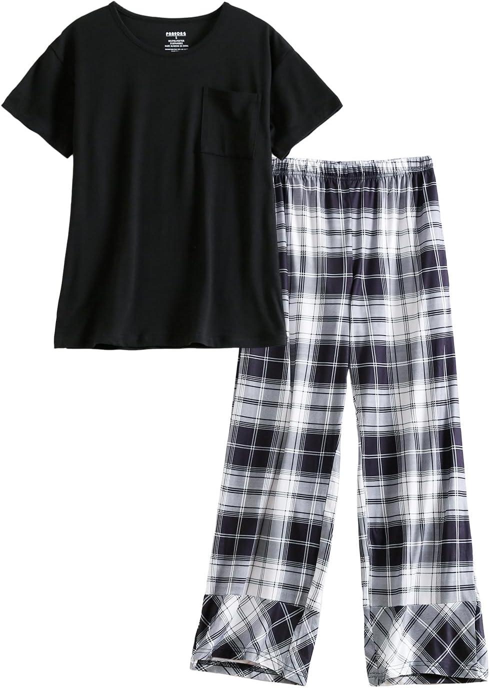 imagePNAEONG Womens Pajama Sets Comfy Pj Sets Short Sleeve Crew Neck Top and Plaid Long Pants Loungewear SleepwearBlack Plaid