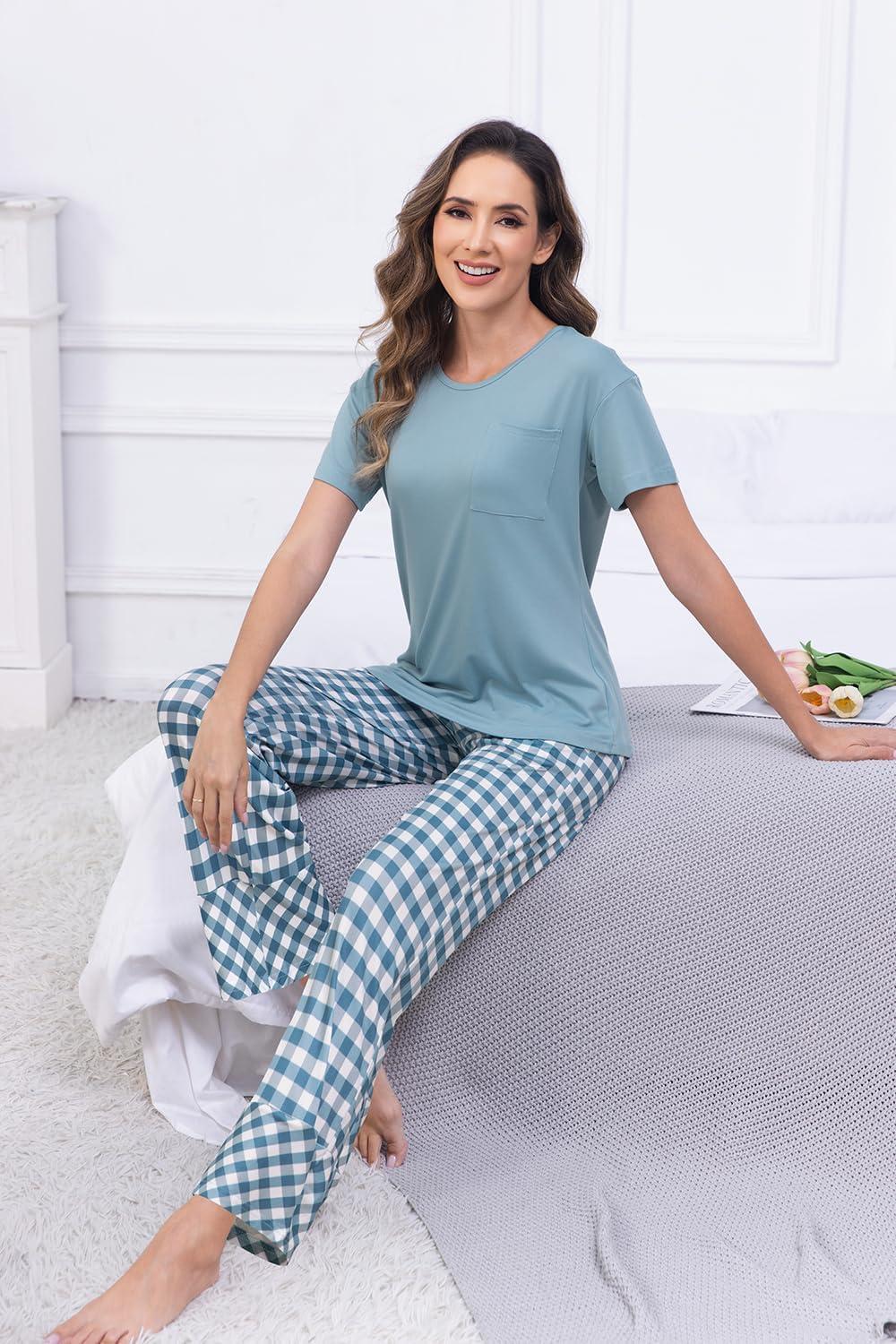 imagePNAEONG Womens Pajama Sets Comfy Pj Sets Short Sleeve Crew Neck Top and Plaid Long Pants Loungewear SleepwearCyan Plaid