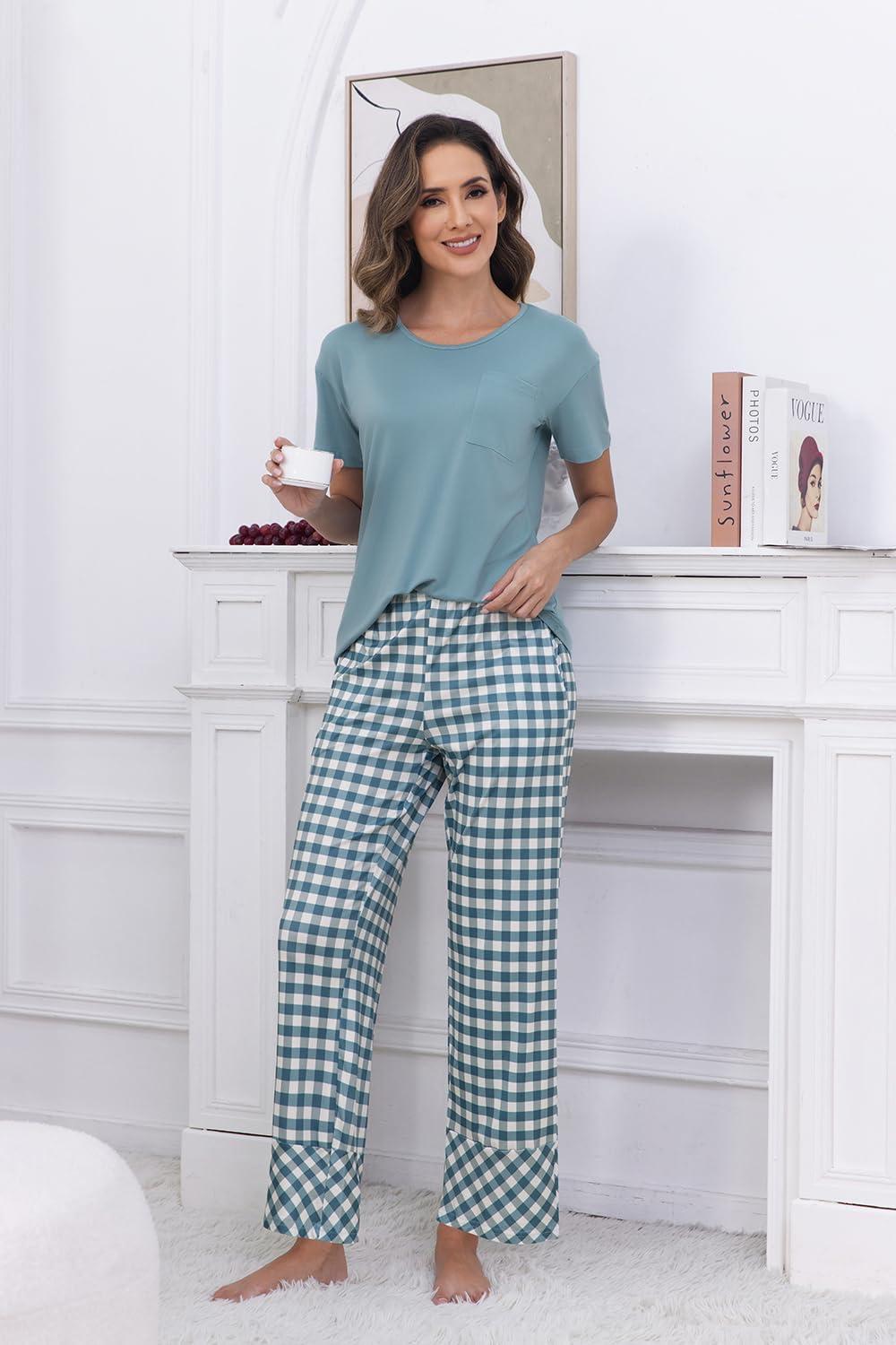 imagePNAEONG Womens Pajama Sets Comfy Pj Sets Short Sleeve Crew Neck Top and Plaid Long Pants Loungewear SleepwearCyan Plaid