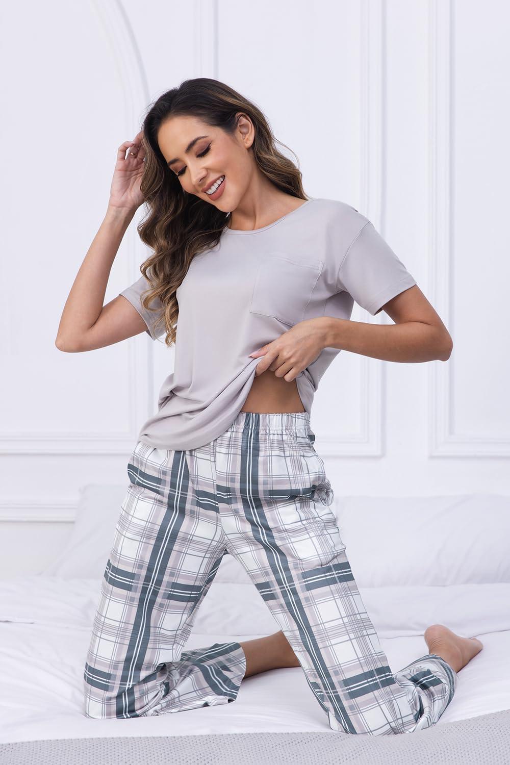 imagePNAEONG Womens Pajama Sets Comfy Pj Sets Short Sleeve Crew Neck Top and Plaid Long Pants Loungewear SleepwearGray Plaid