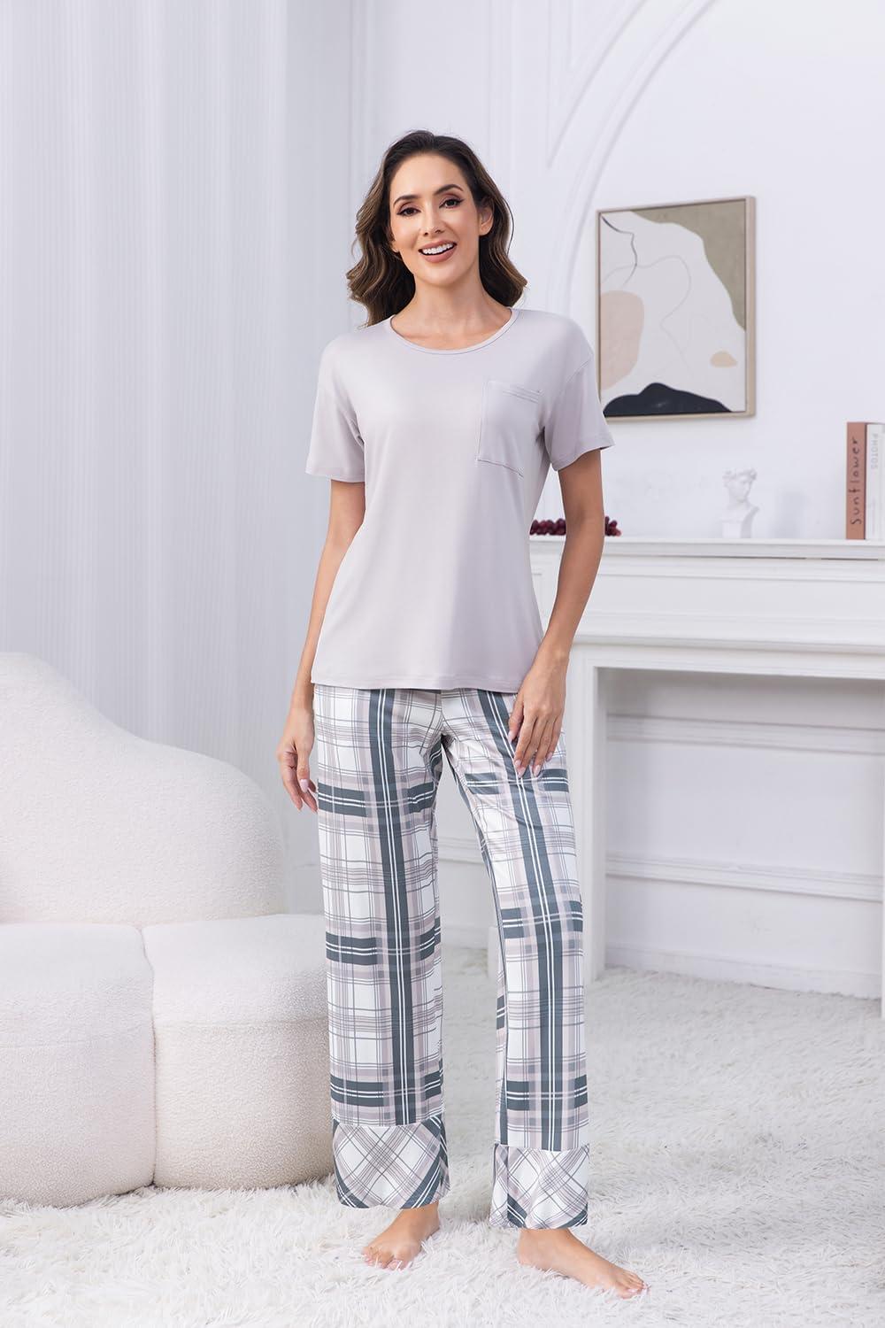 imagePNAEONG Womens Pajama Sets Comfy Pj Sets Short Sleeve Crew Neck Top and Plaid Long Pants Loungewear SleepwearGray Plaid