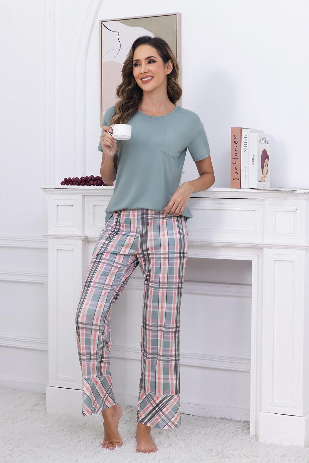 imagePNAEONG Womens Pajama Sets Comfy Pj Sets Short Sleeve Crew Neck Top and Plaid Long Pants Loungewear SleepwearPale Green Plaid