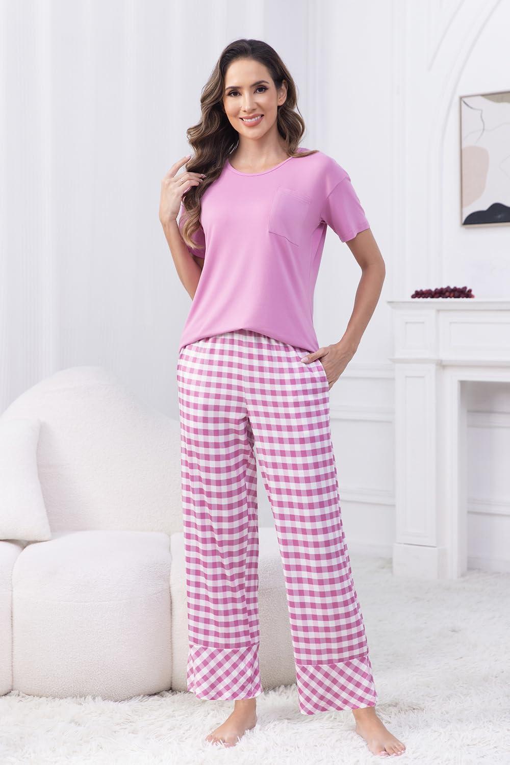 imagePNAEONG Womens Pajama Sets Comfy Pj Sets Short Sleeve Crew Neck Top and Plaid Long Pants Loungewear SleepwearPink Plaid