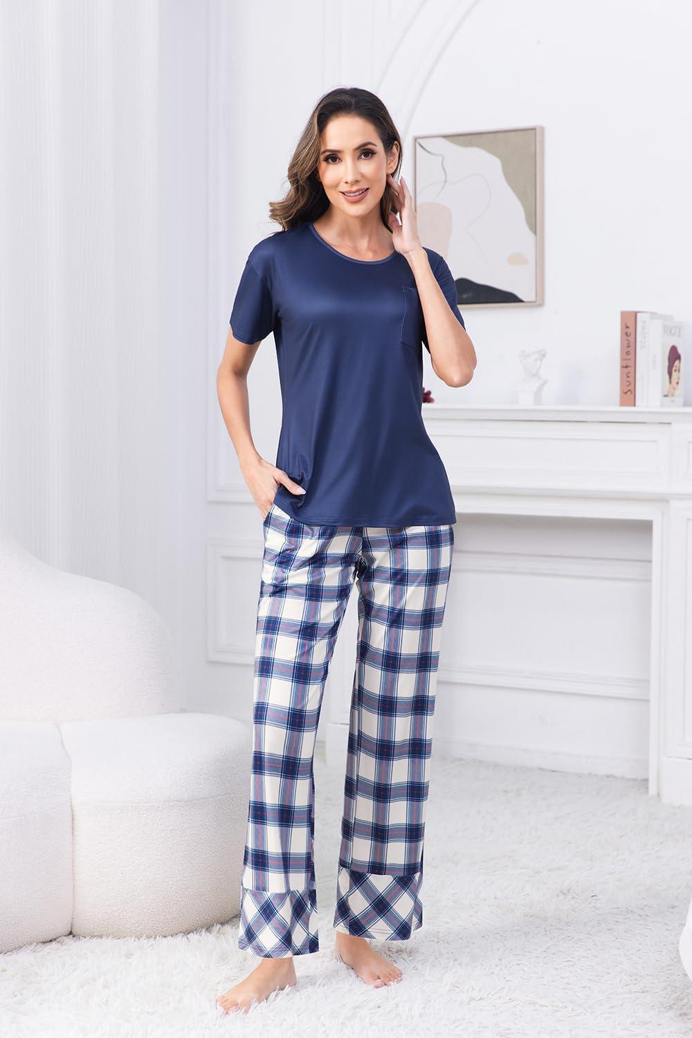 imagePNAEONG Womens Pajama Sets Comfy Pj Sets Short Sleeve Crew Neck Top and Plaid Long Pants Loungewear SleepwearRoyal Blue Plaid