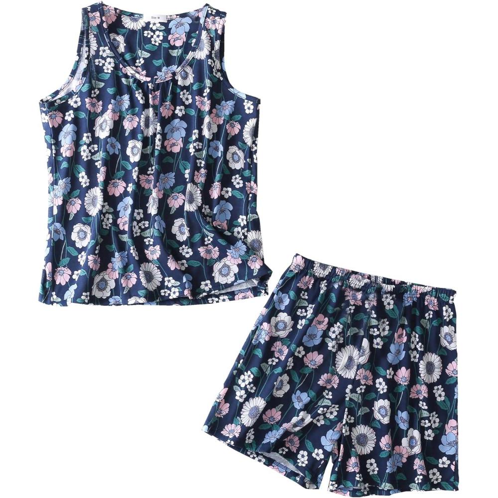imagePNAEONG Women Cotton Sleepwear Short Sets TankampShort Pajamas Sets XTSY208Blue Daisy