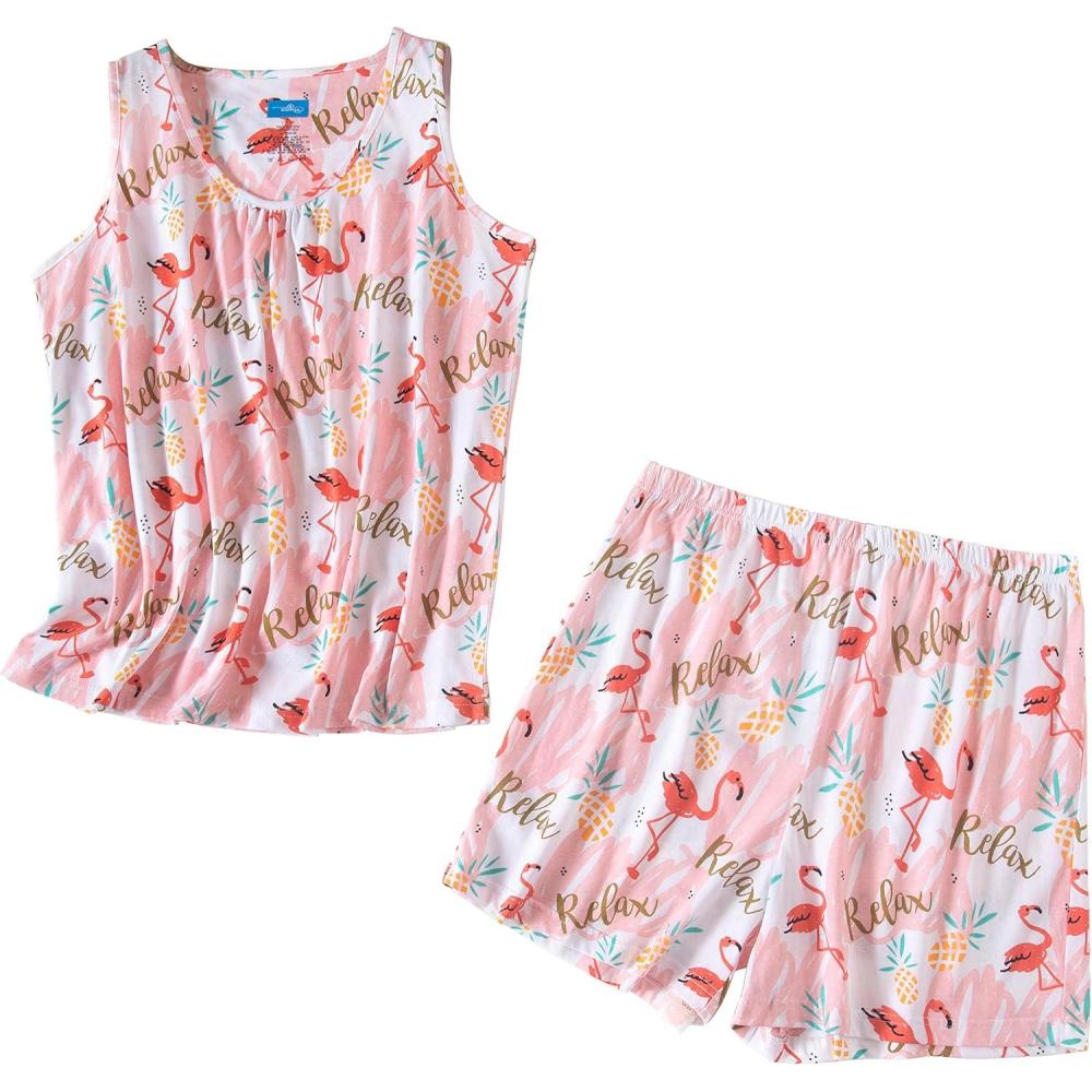imagePNAEONG Women Cotton Sleepwear Short Sets TankampShort Pajamas Sets XTSY208Pink Flamingo