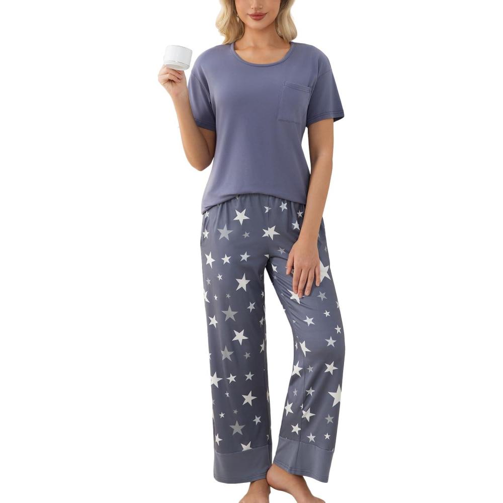 imagePNAEONG Womens Pajama Set Soft Comfy Short Sleeve Top and Printed Long Pants Lounge Sleepwear Pajamas with PocketsBluegray Star