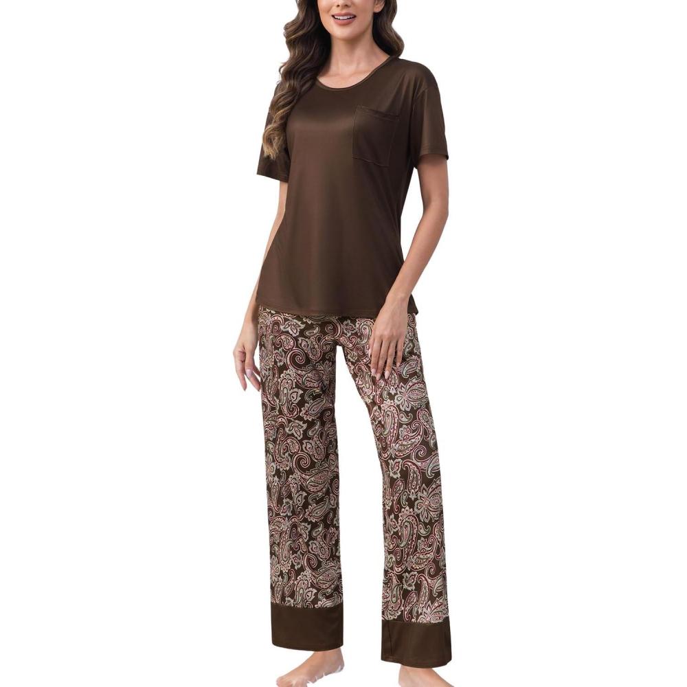 imagePNAEONG Womens Pajama Set Soft Comfy Short Sleeve Top and Printed Long Pants Lounge Sleepwear Pajamas with PocketsBrown Paisley