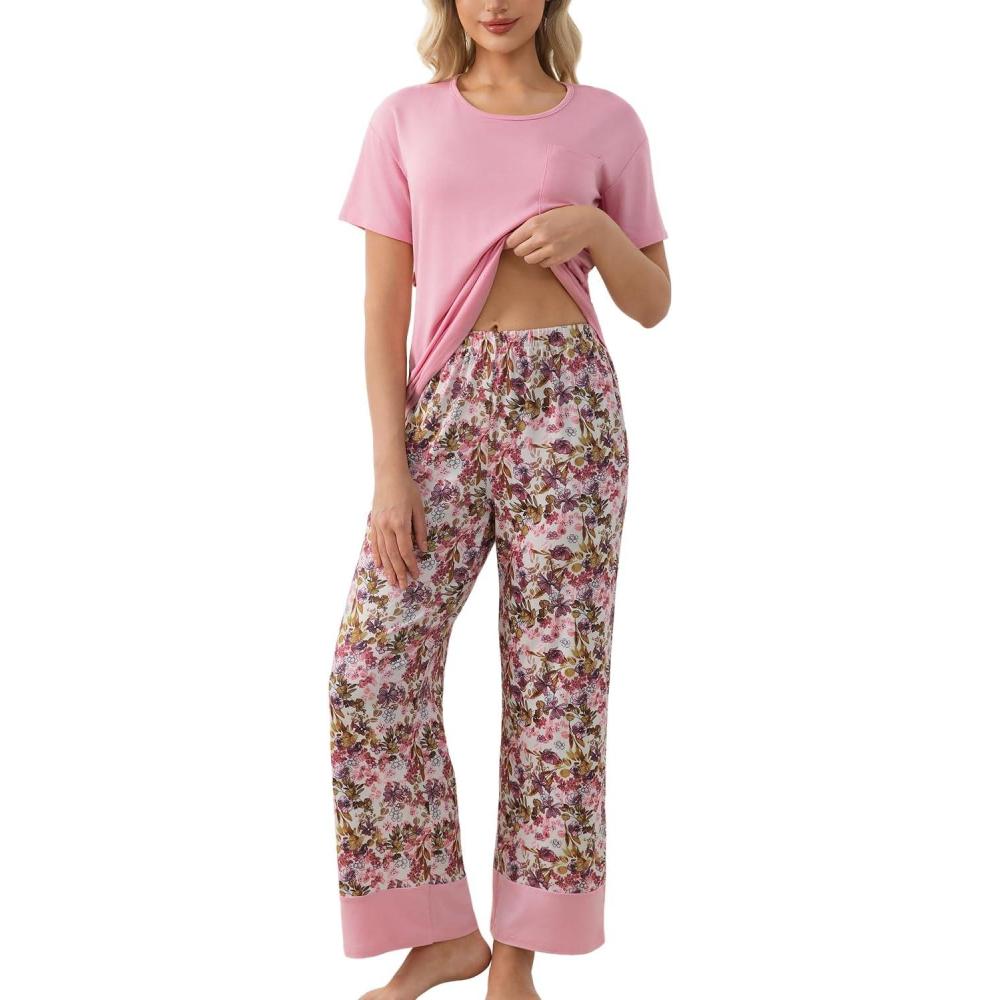 imagePNAEONG Womens Pajama Set Soft Comfy Short Sleeve Top and Printed Long Pants Lounge Sleepwear Pajamas with PocketsPink Poppy