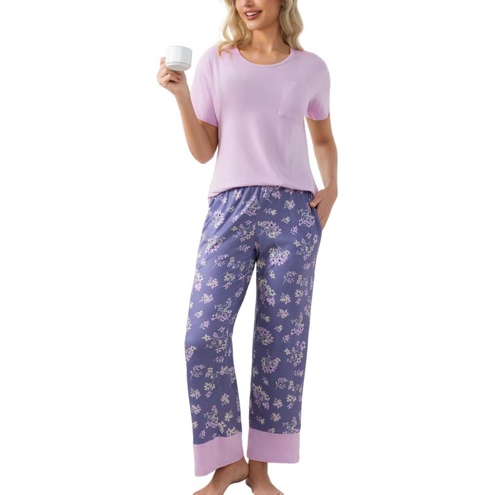 imagePNAEONG Womens Pajama Set Soft Comfy Short Sleeve Top and Printed Long Pants Lounge Sleepwear Pajamas with PocketsPurple Lilac