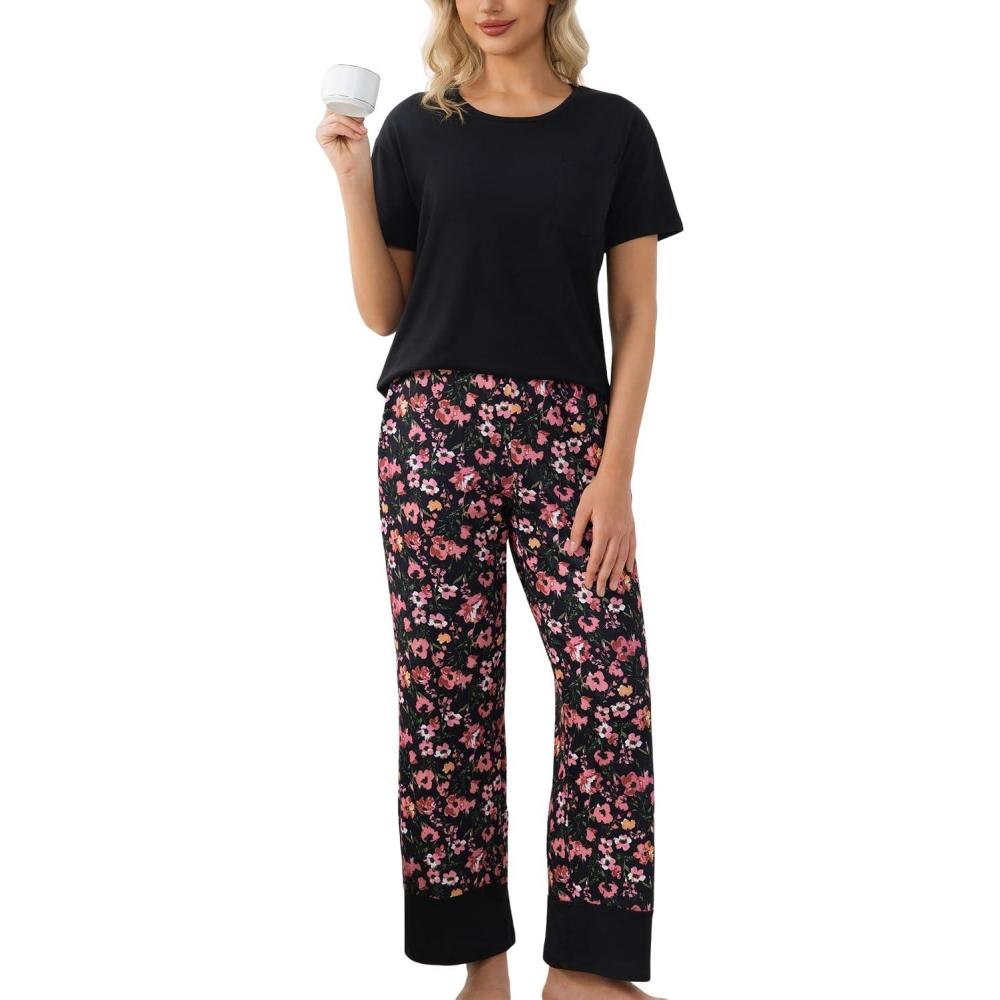 imagePNAEONG Womens Pajama Set Soft Comfy Short Sleeve Top and Printed Long Pants Lounge Sleepwear Pajamas with PocketsRed Azalea