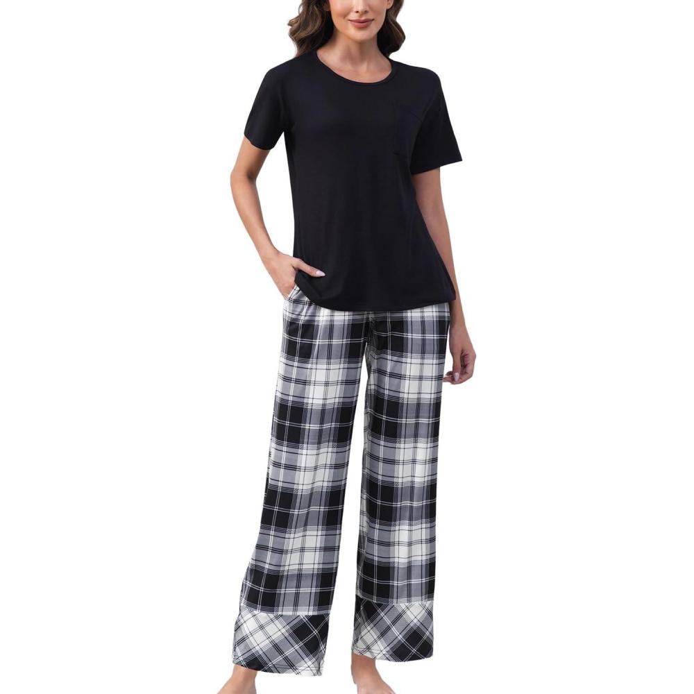 imagePNAEONG Womens Pajama Sets Comfy Pj Sets Short Sleeve Crew Neck Top and Plaid Long Pants Loungewear SleepwearBlack Plaid