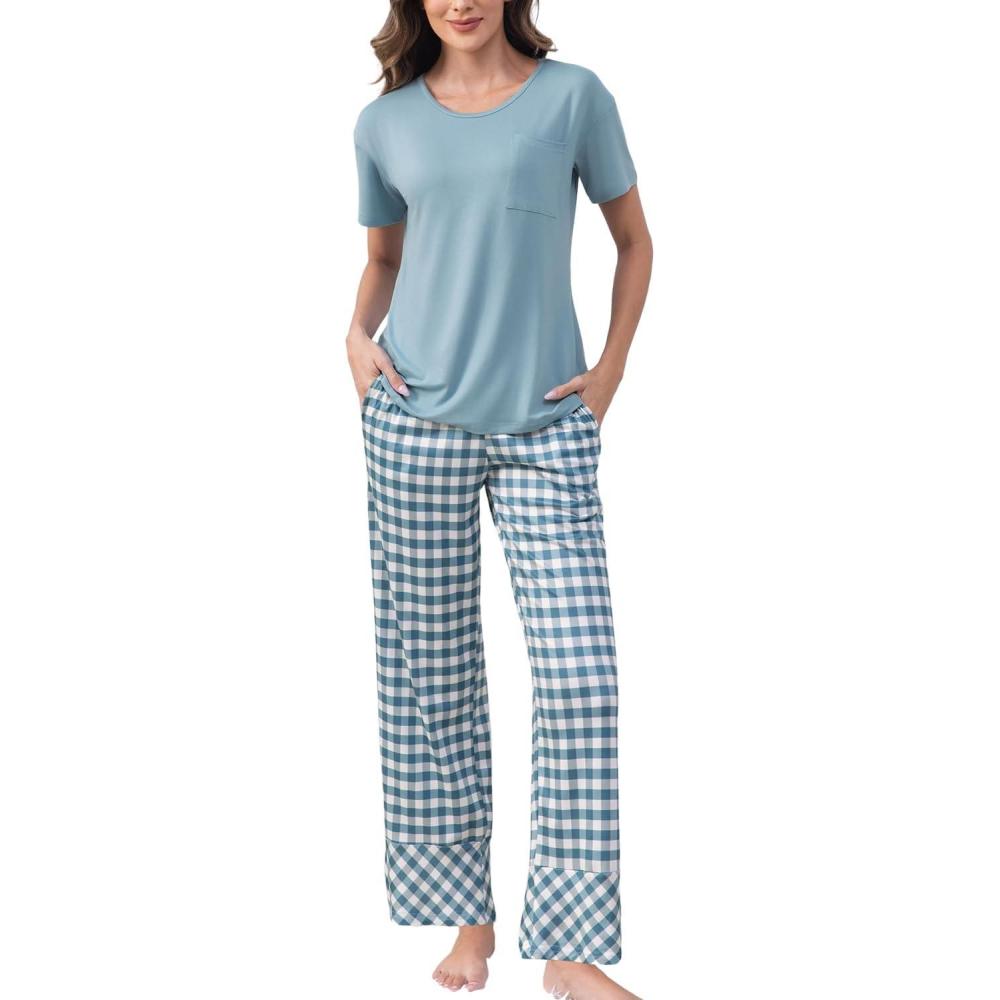 imagePNAEONG Womens Pajama Sets Comfy Pj Sets Short Sleeve Crew Neck Top and Plaid Long Pants Loungewear SleepwearCyan Plaid