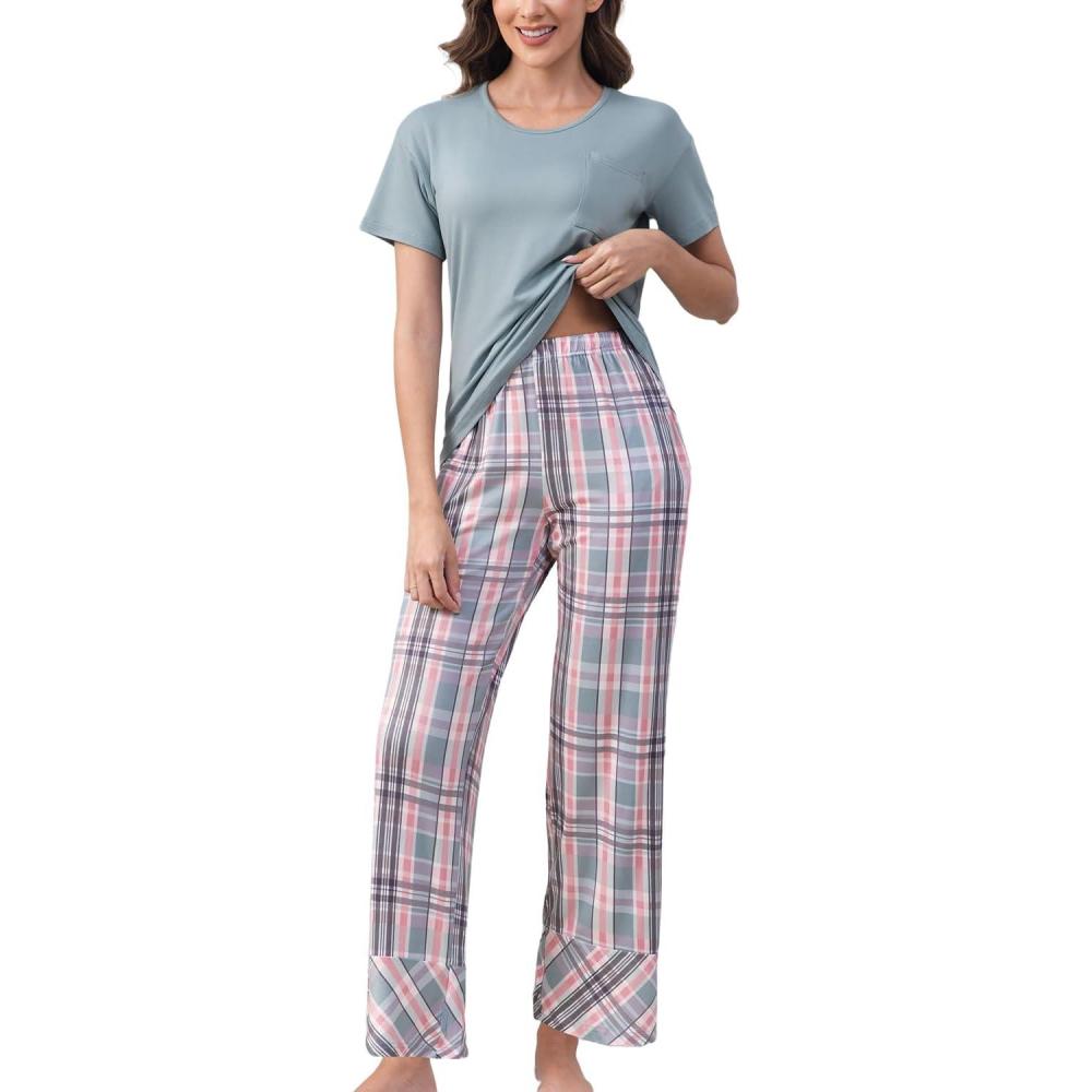 imagePNAEONG Womens Pajama Sets Comfy Pj Sets Short Sleeve Crew Neck Top and Plaid Long Pants Loungewear SleepwearPale Green Plaid