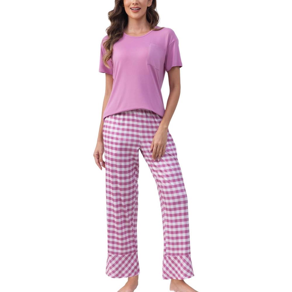imagePNAEONG Womens Pajama Sets Comfy Pj Sets Short Sleeve Crew Neck Top and Plaid Long Pants Loungewear SleepwearPink Plaid